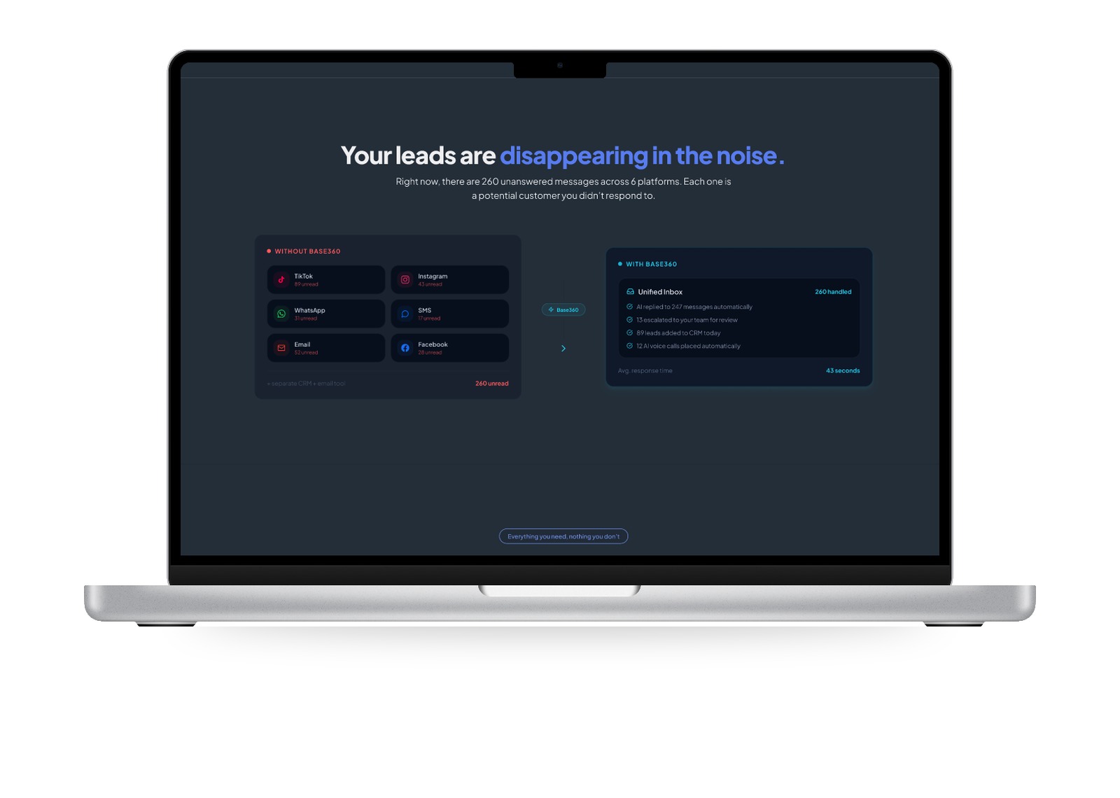 Base360 landing page — problem section