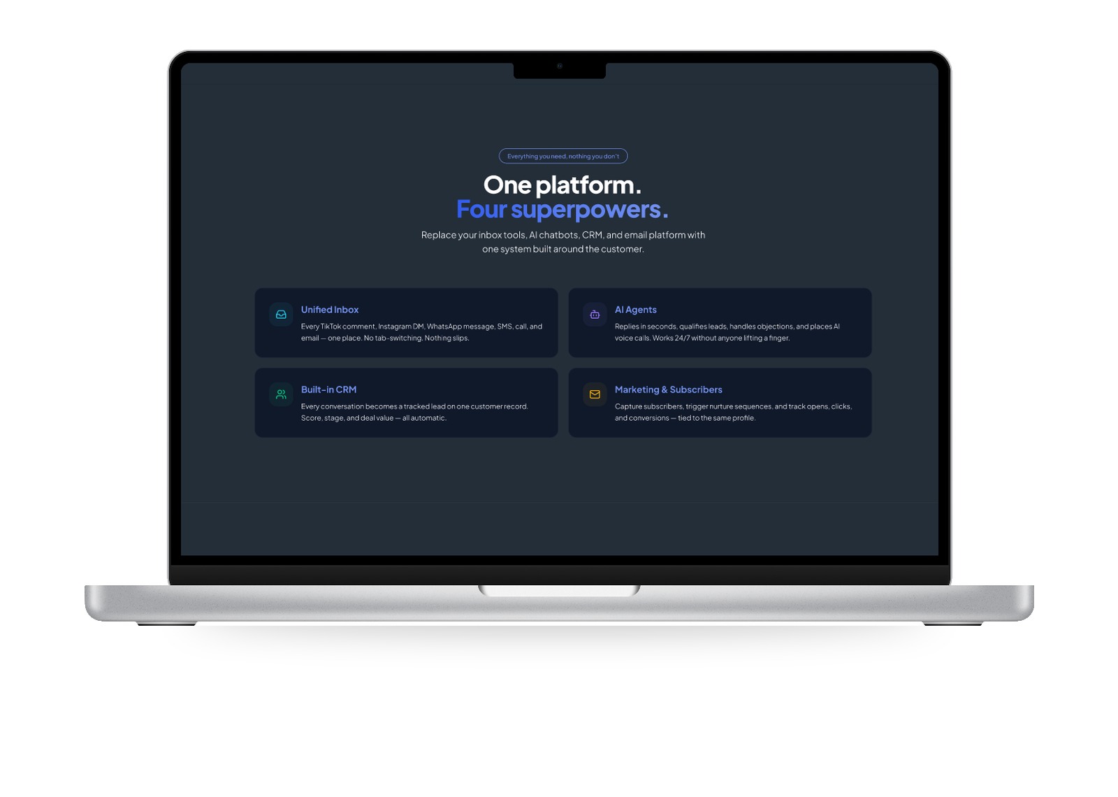 Base360 landing page — four pillars feature section