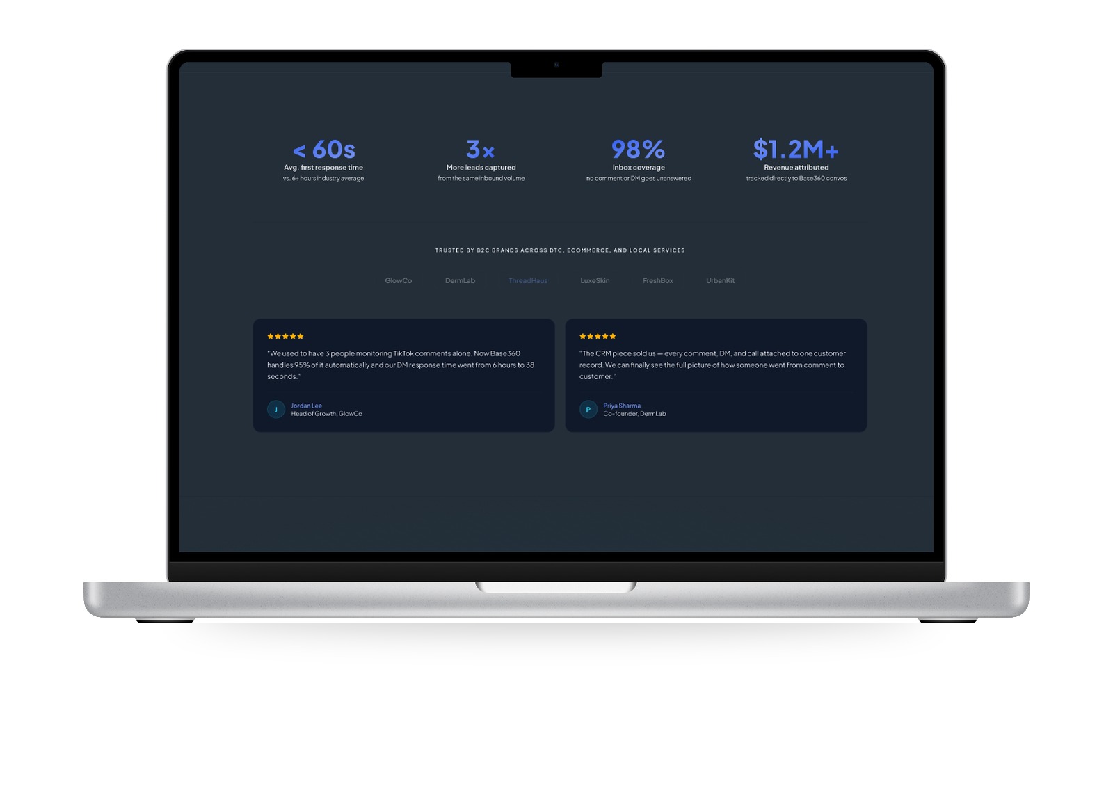 Base360 landing page — stats and social proof
