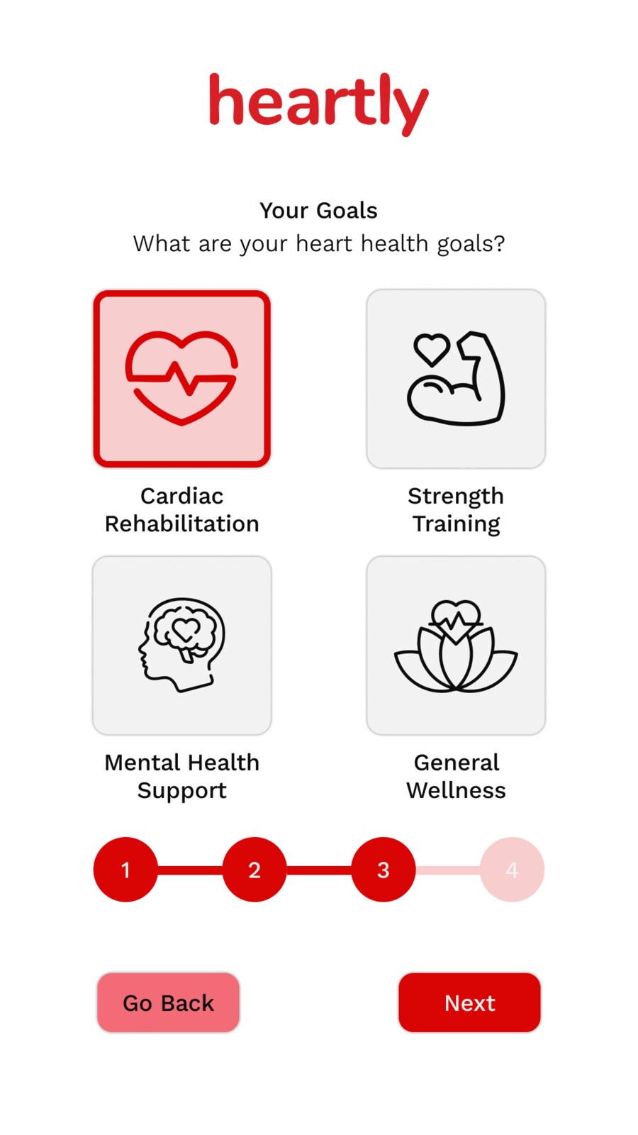 Heartly onboarding screen for selecting heart health goals