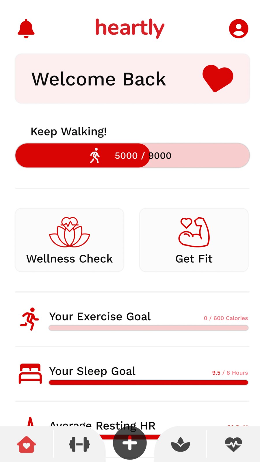 Heartly home dashboard with activity and wellness tracking