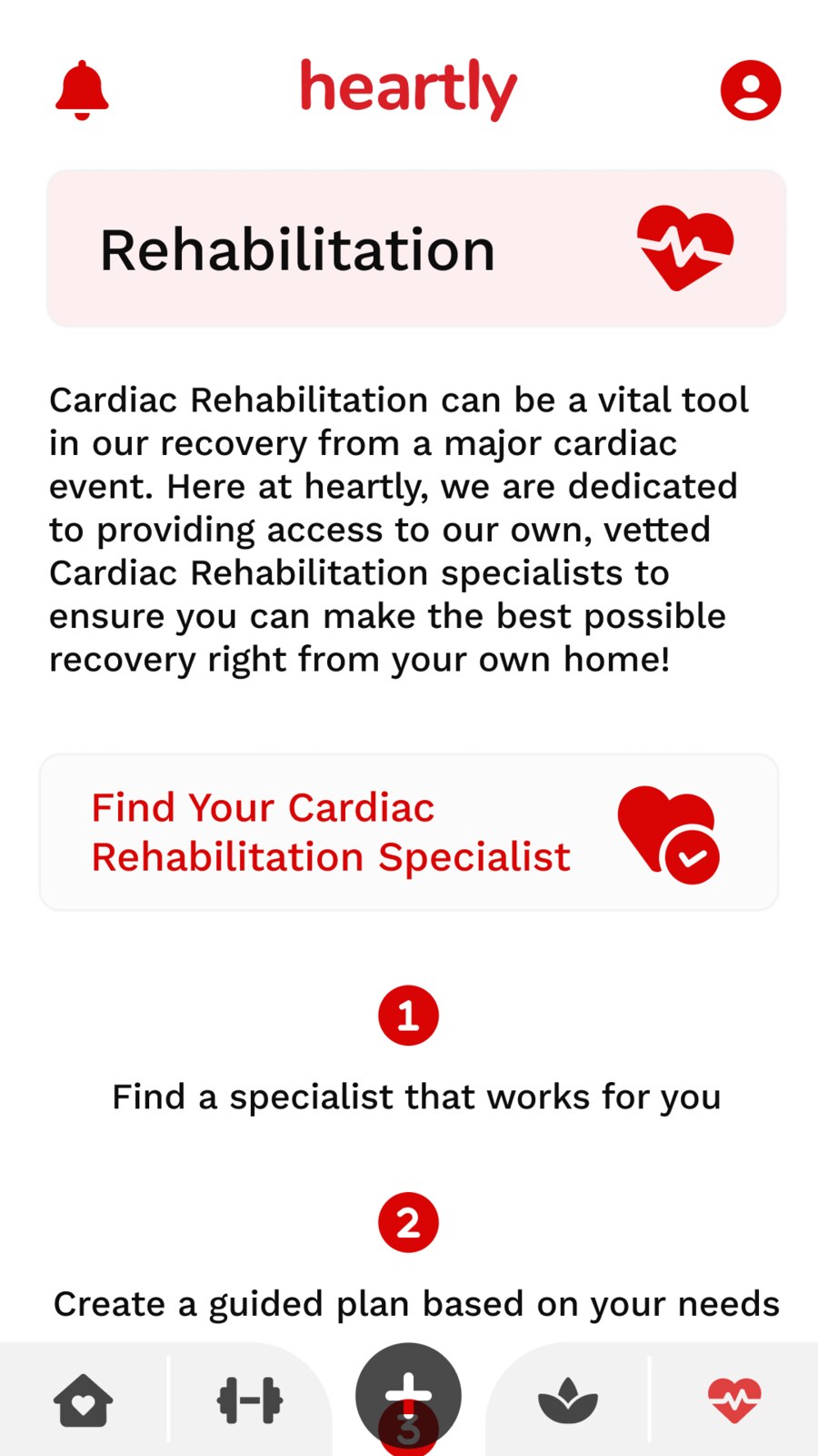 Heartly cardiac rehabilitation hub screen