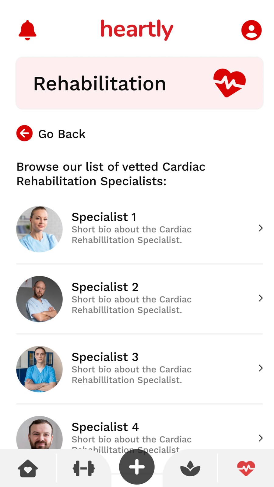 Heartly screen for browsing cardiac rehabilitation specialists