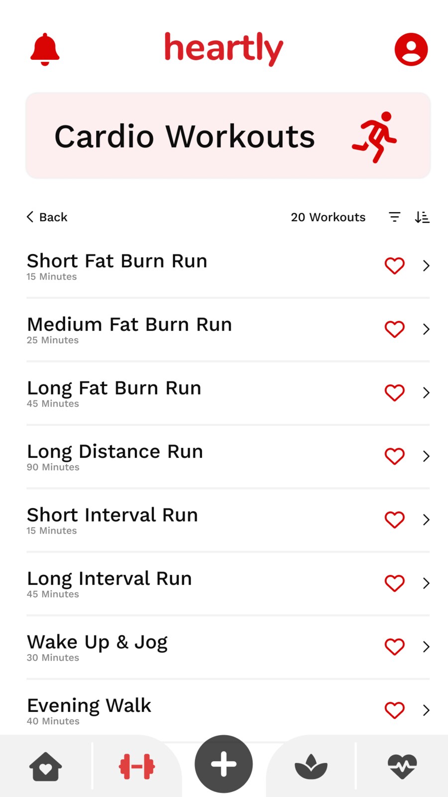 Heartly cardio workouts list screen