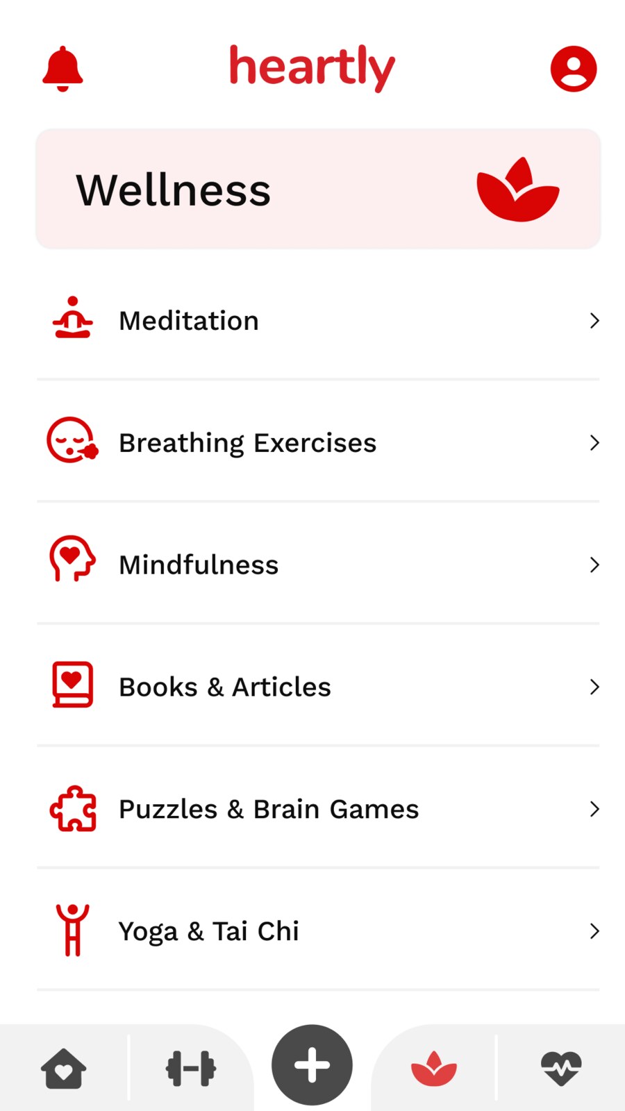 Heartly wellness hub screen