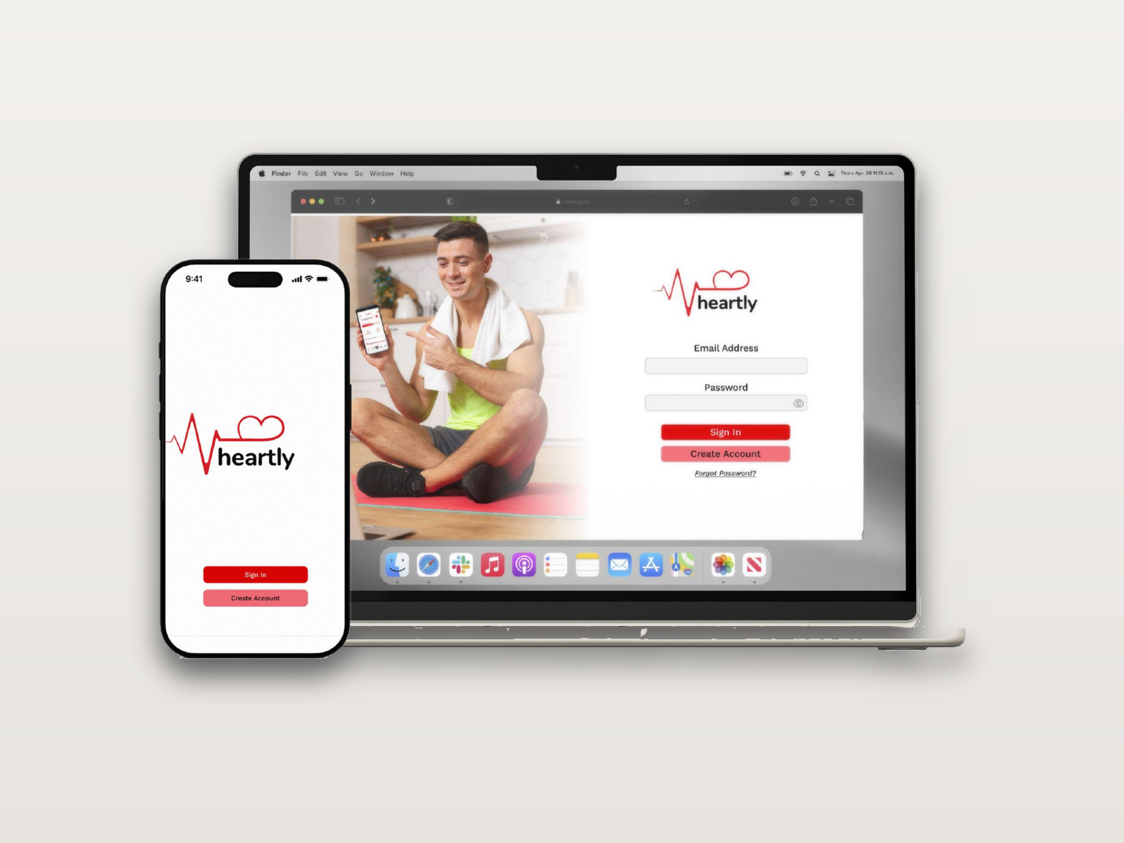 Heartly app sign-in screen shown on laptop and mobile mockups