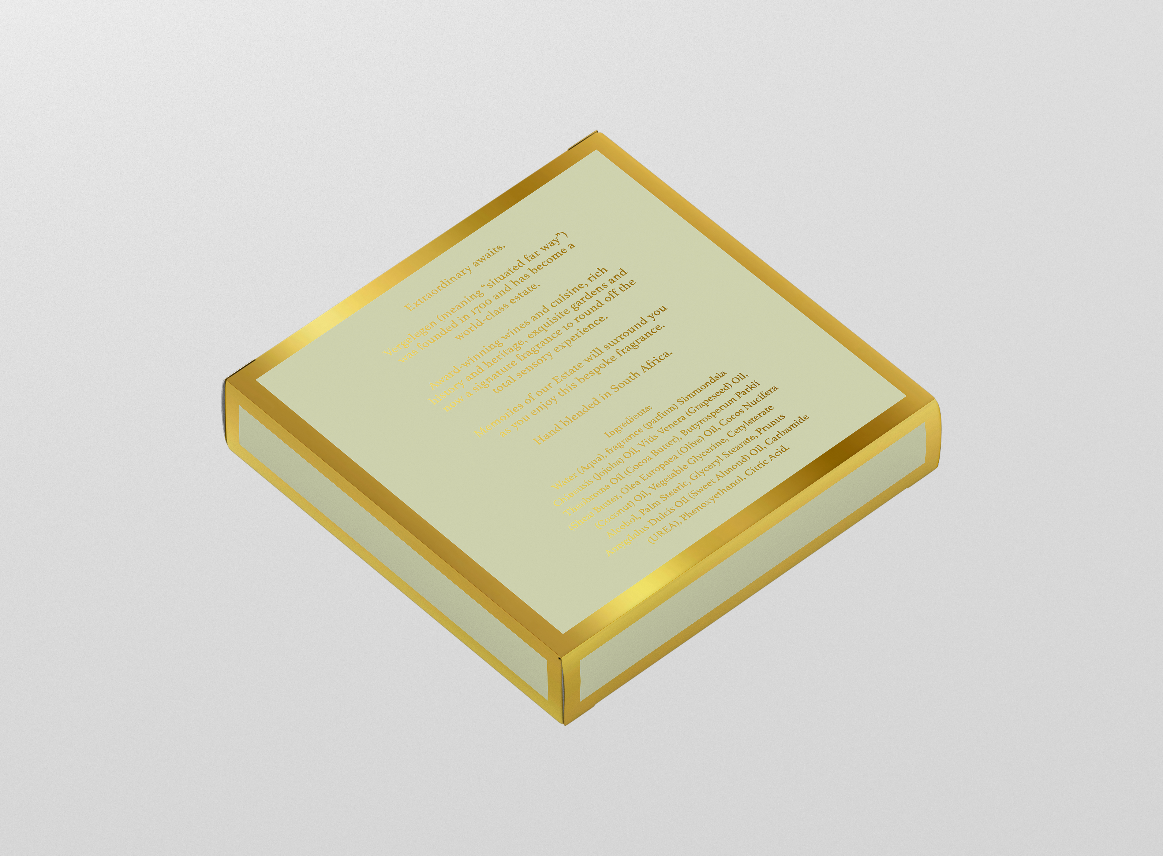 Vergelegen soap packaging, reverse panel with compliance copy