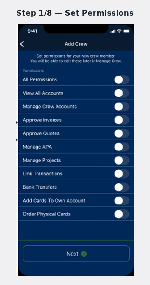 Animated walkthrough of inviting a new crew member: select from contacts, review details, and send an email magic link